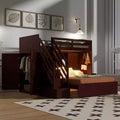 Twin over Full Bunk Bed with Wardrobe, USB Ports, Light, Storage Shelves & Storage Stairs - ModernLuxe