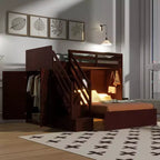 Twin over Full Bunk Bed with Wardrobe, USB Ports, Light, Storage Shelves & Storage Stairs - ModernLuxe