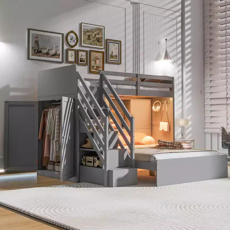 Lit superposé double sur grand lit avec armoire, ports USB, lumière, étagères de rangement et escalier de rangement - ModernLuxe
