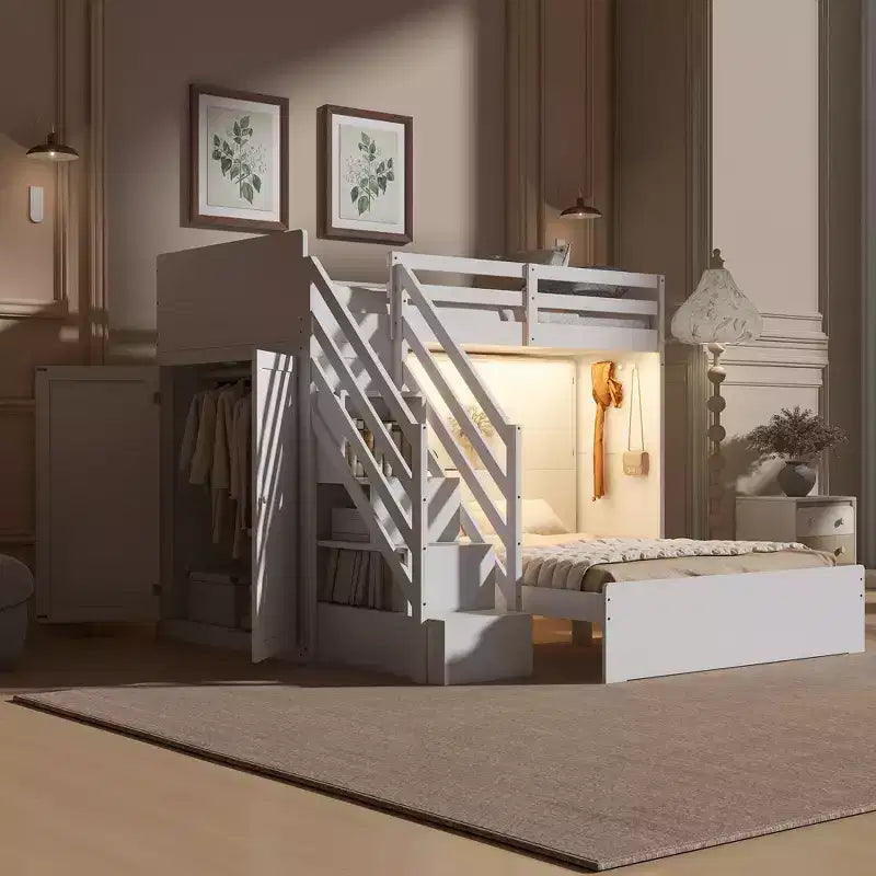 Lit superposé double sur grand lit avec armoire, ports USB, lumière, étagères de rangement et escalier de rangement - ModernLuxe