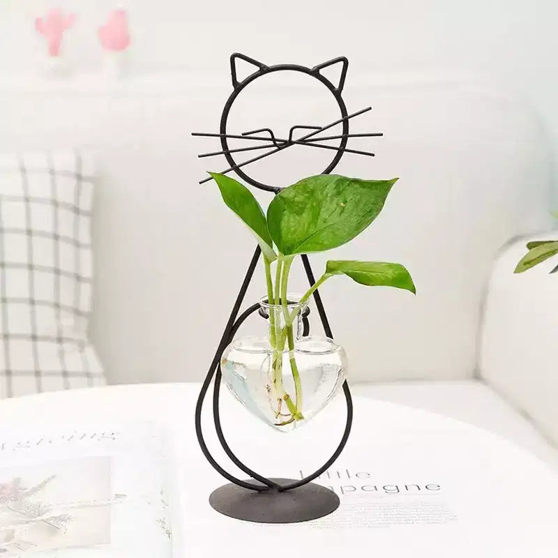 Vase à fleurs hydroponique NotArt Nordic en fer et verre en forme de chat - Décoration de style aquarium soudée et peinte