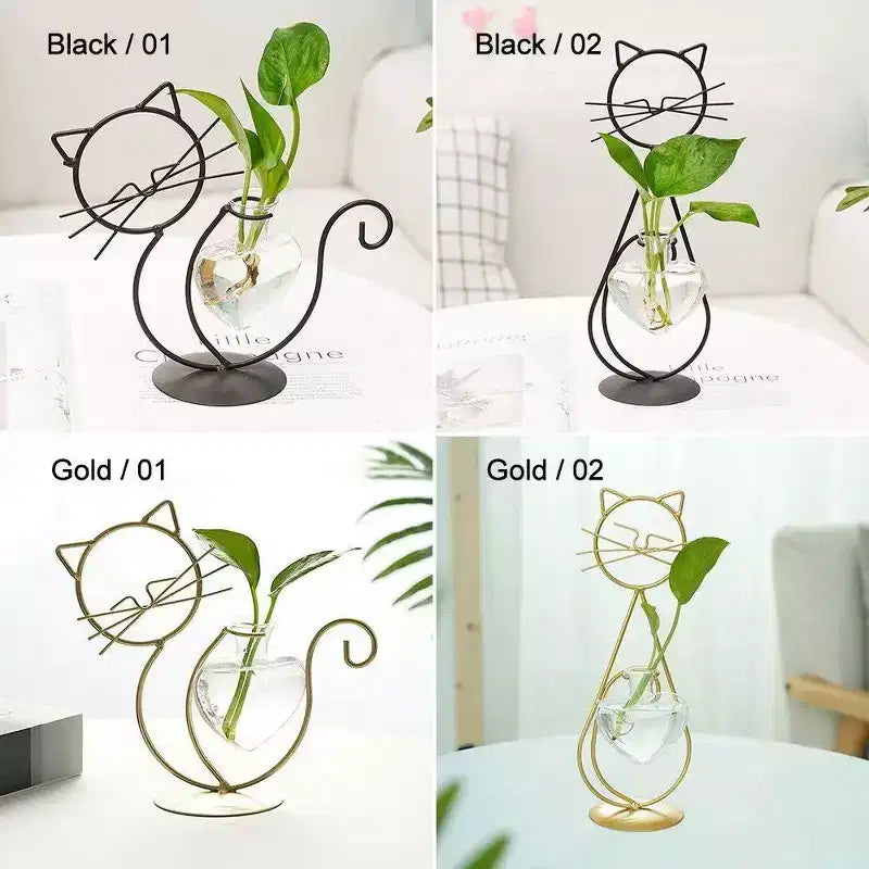 Vase à fleurs hydroponique NotArt Nordic en fer et verre en forme de chat - Décoration de style aquarium soudée et peinte