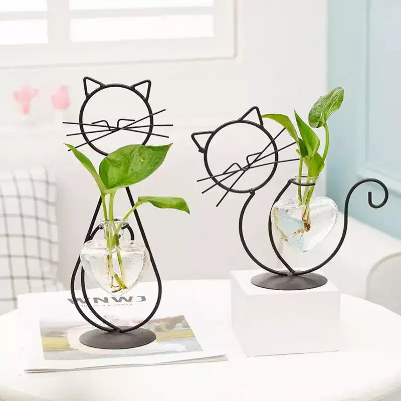Vase à fleurs hydroponique NotArt Nordic en fer et verre en forme de chat - Décoration de style aquarium soudée et peinte