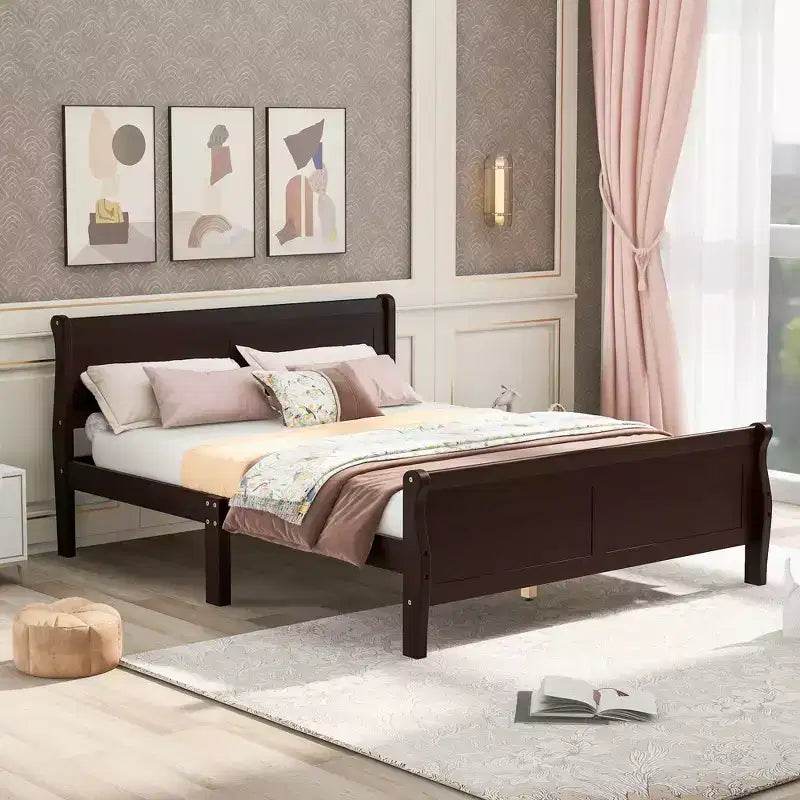 FAMYYT Lit plateforme double en bois avec tête de lit, montage facile, couleur expresso