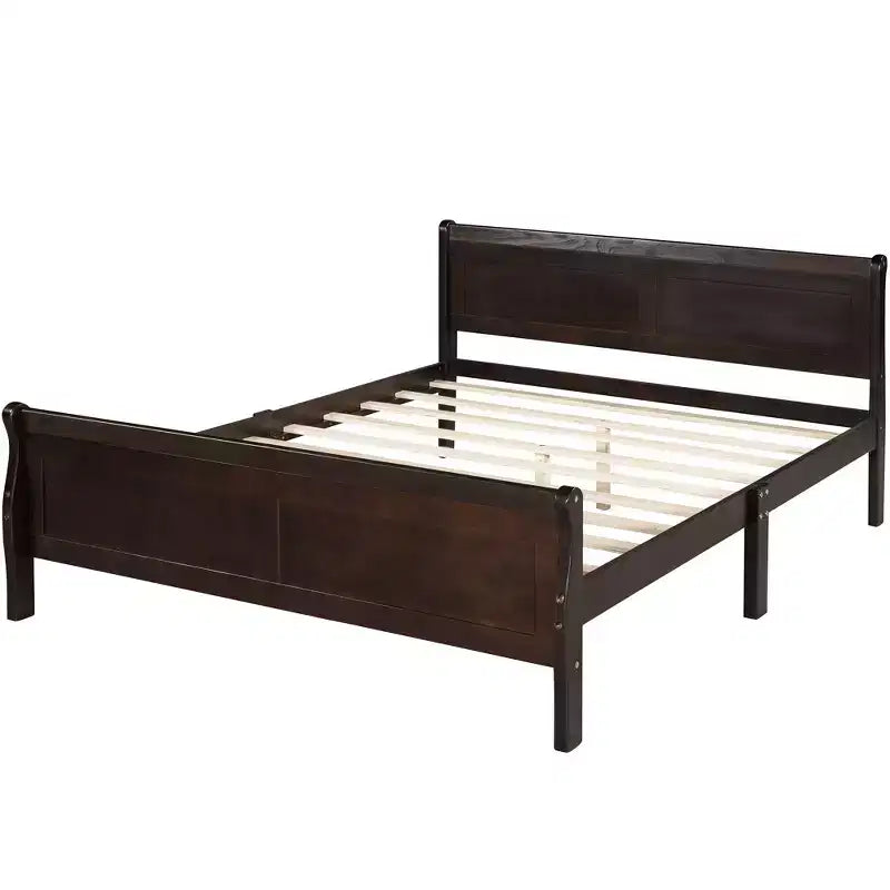 FAMYYT Lit plateforme double en bois avec tête de lit, montage facile, couleur expresso