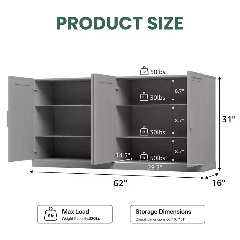 PexFix Armoire de buffet 62 W, buffet de cuisine autoportant avec 4 portes et étagères réglables, console de rangement robuste