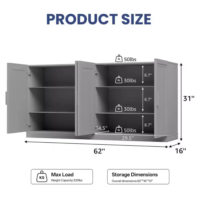 PexFix Armoire de buffet 62 W, buffet de cuisine autoportant avec 4 portes et étagères réglables, console de rangement robuste