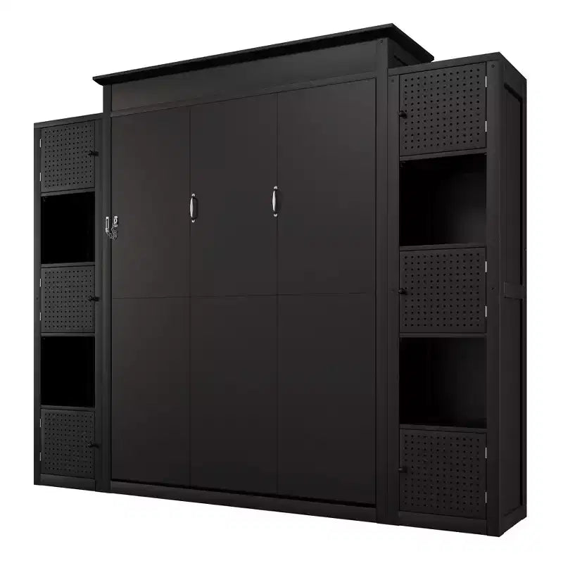 Lit escamotable moderne Luxystar Queen avec 10 étagères de rangement et tête de lit rembourrée, noir