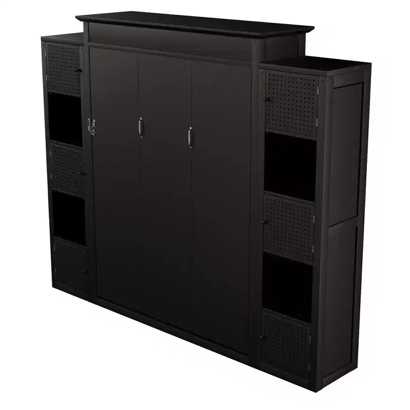 Lit escamotable moderne Luxystar Queen avec 10 étagères de rangement et tête de lit rembourrée, noir