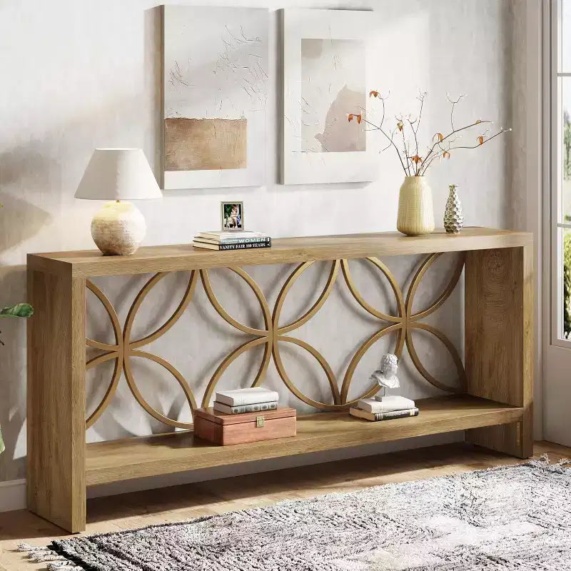 Console étroite Lantine de 70,9 pouces, longue table de canapé de style ferme avec rangement pour entrée, salon, foyer, design unique, naturel