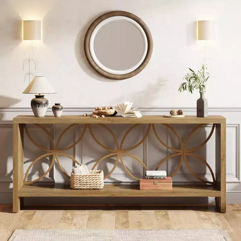 Console étroite Lantine de 70,9 pouces, longue table de canapé de style ferme avec rangement pour entrée, salon, foyer, design unique, naturel