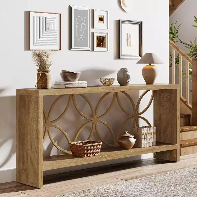 Console étroite Lantine de 70,9 pouces, longue table de canapé de style ferme avec rangement pour entrée, salon, foyer, design unique, naturel