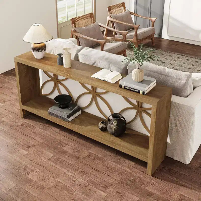Console étroite Lantine de 70,9 pouces, longue table de canapé de style ferme avec rangement pour entrée, salon, foyer, design unique, naturel