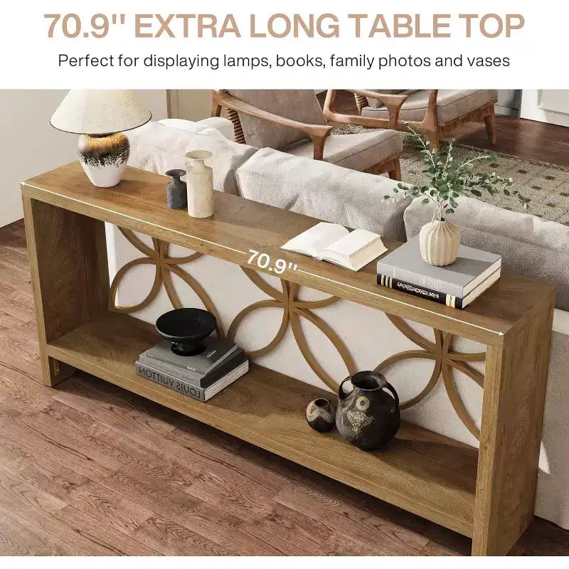 Console étroite Lantine de 70,9 pouces, longue table de canapé de style ferme avec rangement pour entrée, salon, foyer, design unique, naturel
