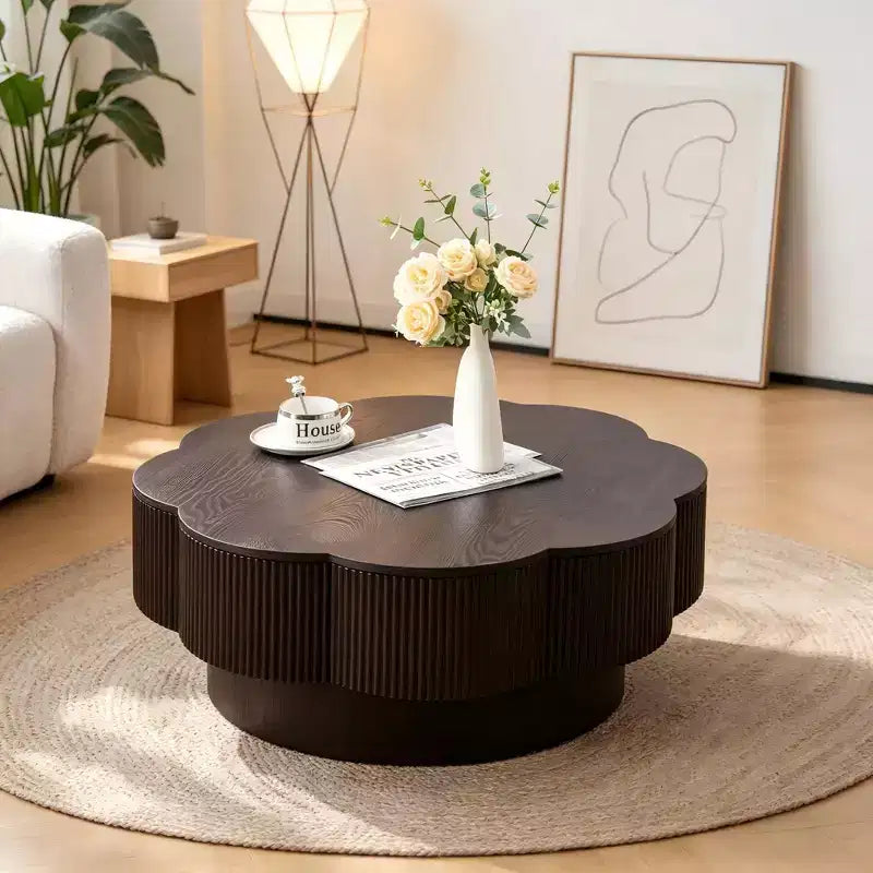 JVNOXK 31.50 Modern Petal-Shaped Coffee Table, Plum Blossom Storage Coffee Table, Natural Wood Finish, Suitable for Living Rooms,Offices, Dark Brown