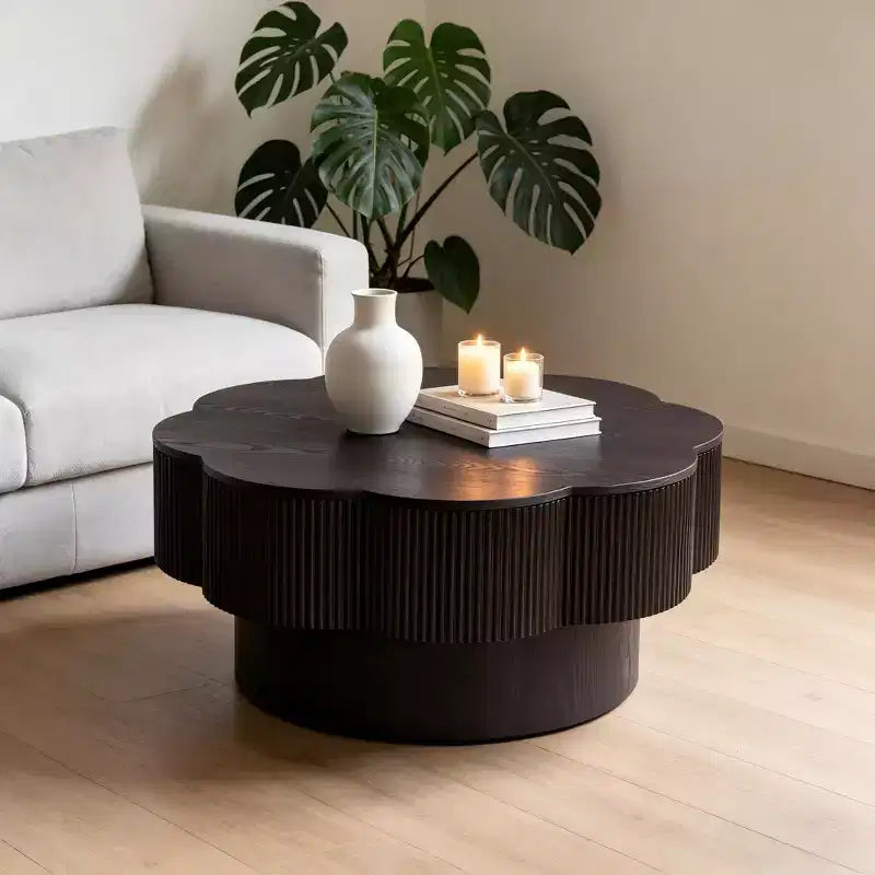 JVNOXK 31.50 Table Basse Moderne en Forme de Pétale, Table Basse de Rangement Prunier, Finition Bois Naturel, Convient aux Salons, Bureaux, Marron Foncé