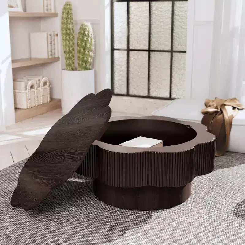 JVNOXK 31.50 Table Basse Moderne en Forme de Pétale, Table Basse de Rangement Prunier, Finition Bois Naturel, Convient aux Salons, Bureaux, Marron Foncé
