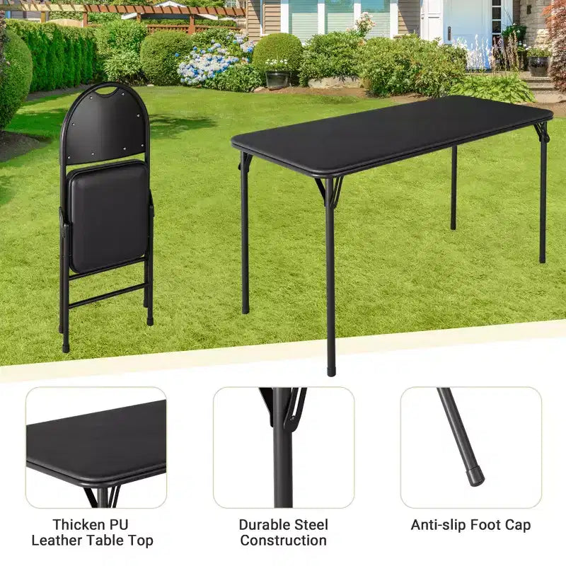 Ensemble table et chaises de salle à manger pliantes 5 pièces, table de jeu portable rembourrée en PU avec 4 chaises rembourrées, cadre métallique robuste, pour salle à manger, camping
