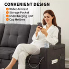 Canapé-lit convertible en L avec couchage escamotable de 213 cm, accoudoirs de rangement dissimulés, porte-gobelets et ports de charge USB, canapé modulable pour salon