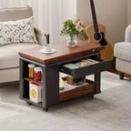 JVNOXK Table basse/table d'appoint multifonction moderne de 70 cm avec plateau pliant et roulettes, rangement multi-niveaux, noir et noyer