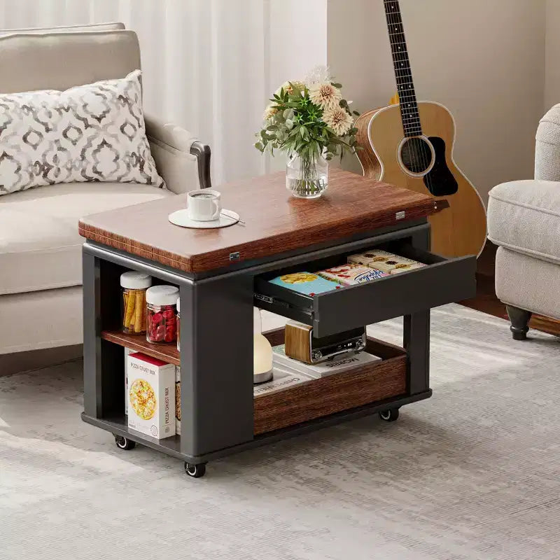 JVNOXK Table basse/table d'appoint multifonction moderne de 70 cm avec plateau pliant et roulettes, rangement multi-niveaux, noir et noyer