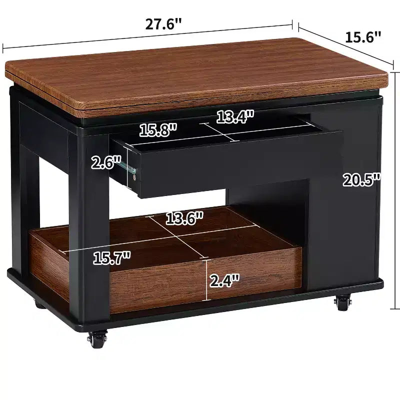 JVNOXK Table basse/table d'appoint multifonction moderne de 70 cm avec plateau pliant et roulettes, rangement multi-niveaux, noir et noyer