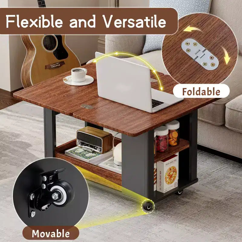 JVNOXK Table basse/table d'appoint multifonction moderne de 70 cm avec plateau pliant et roulettes, rangement multi-niveaux, noir et noyer