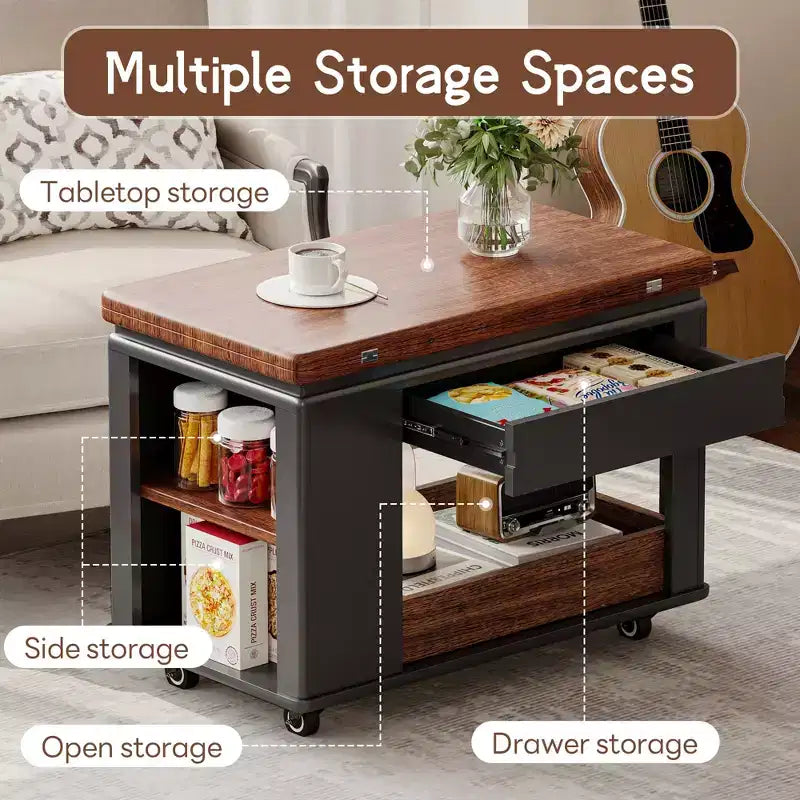 JVNOXK Table basse/table d'appoint multifonction moderne de 70 cm avec plateau pliant et roulettes, rangement multi-niveaux, noir et noyer