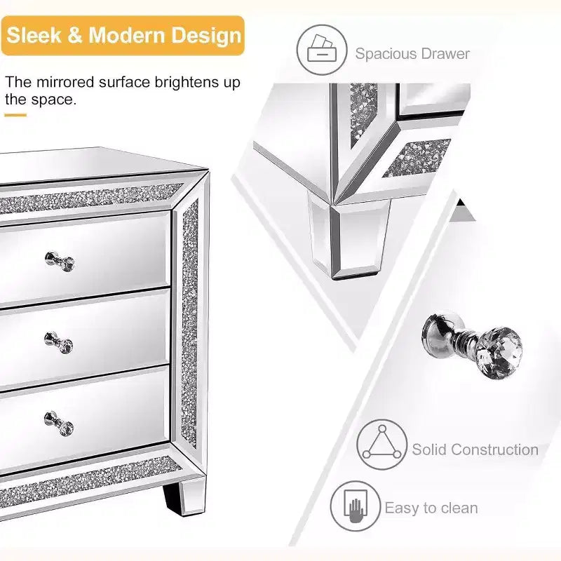 Table de chevet Karl Home en MDF argenté miroir, 3 tiroirs, garniture en cristal, 23x13,8x24,8 pouces
