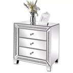 Table de chevet Karl Home en MDF argenté miroir, 3 tiroirs, garniture en cristal, 23x13,8x24,8 pouces