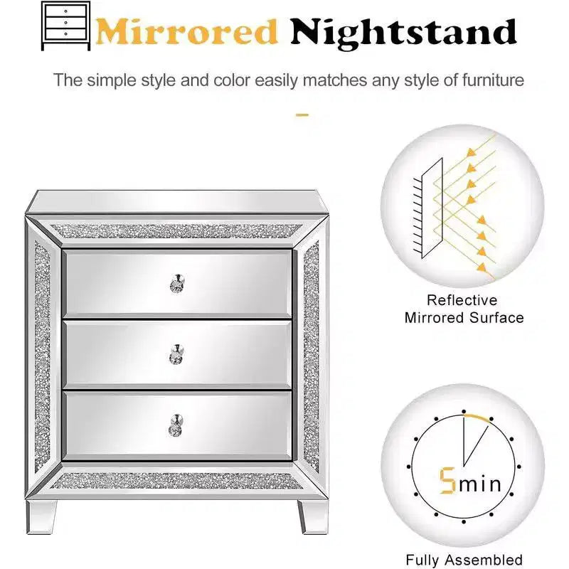 Table de chevet Karl Home en MDF argenté miroir, 3 tiroirs, garniture en cristal, 23x13,8x24,8 pouces