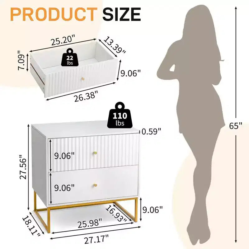 Table de chevet Karl Home blanche P2 MDF quadrillée plate 2 tiroirs 70 cm