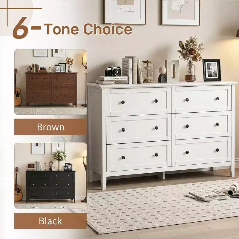Commode à six tiroirs Karl Home de 47 pouces avec double poignée, design de cadre et finition en mélamine