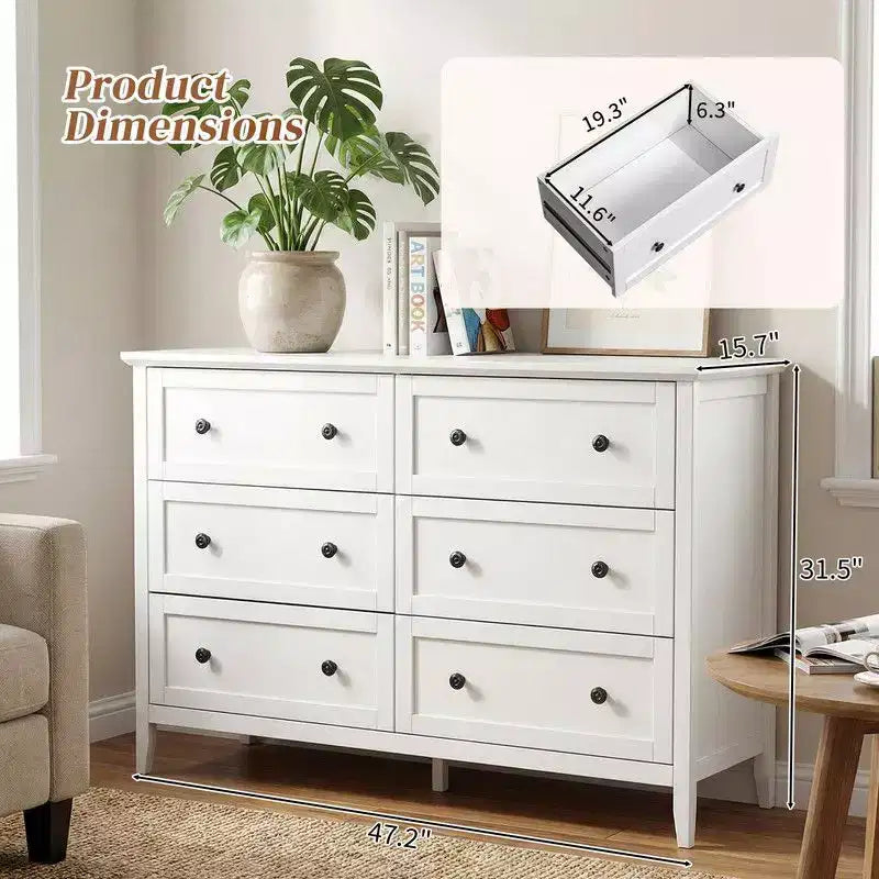 Commode à six tiroirs Karl Home de 47 pouces avec double poignée, design de cadre et finition en mélamine