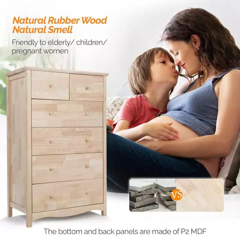 Karl Home Commode 6 tiroirs en bois d'hévéa naturel 1 pièce