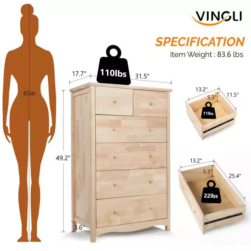 Karl Home Commode 6 tiroirs en bois d'hévéa naturel 1 pièce