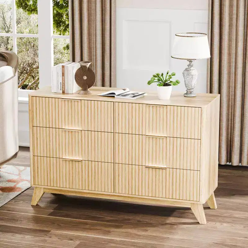 Commode double Karl Home 6 tiroirs finition chêne, grille, panneaux de particules P2+MDF avec mélamine et formage sous vide 47,22 po l.