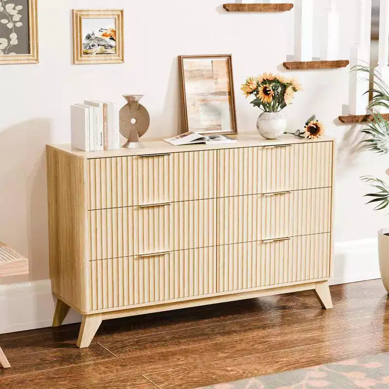 Commode double Karl Home 6 tiroirs finition chêne, grille, panneaux de particules P2+MDF avec mélamine et formage sous vide 47,22 po l.