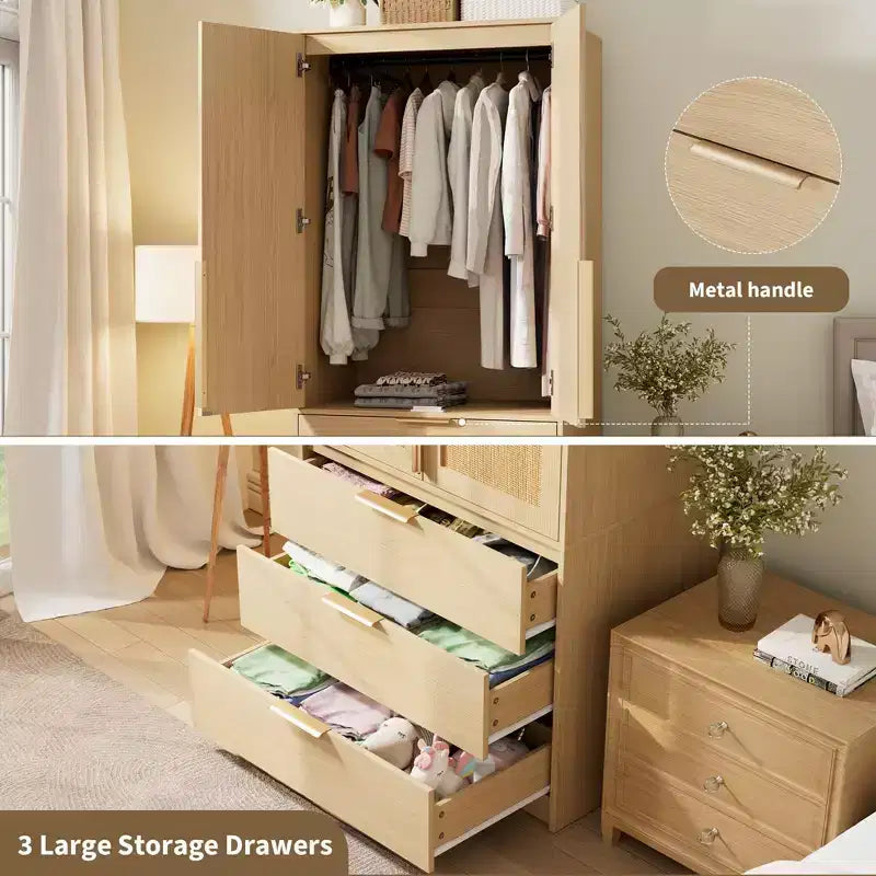 Armoire penderie en bois de 176,5 cm avec 3 tiroirs, tringle à vêtements, 2 portes, armoire de rangement de grande capacité pour chambre à coucher