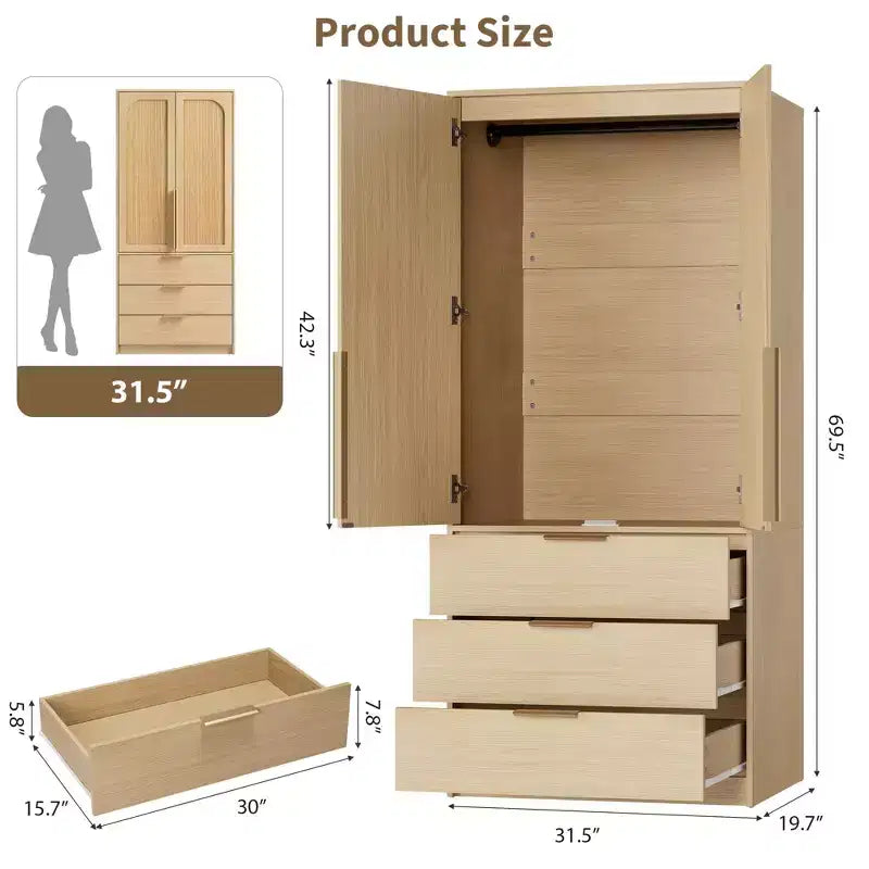 Armoire penderie en bois de 176,5 cm avec 3 tiroirs, tringle à vêtements, 2 portes, armoire de rangement de grande capacité pour chambre à coucher