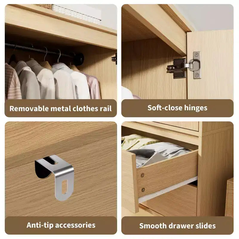 Armoire penderie en bois de 176,5 cm avec 3 tiroirs, tringle à vêtements, 2 portes, armoire de rangement de grande capacité pour chambre à coucher