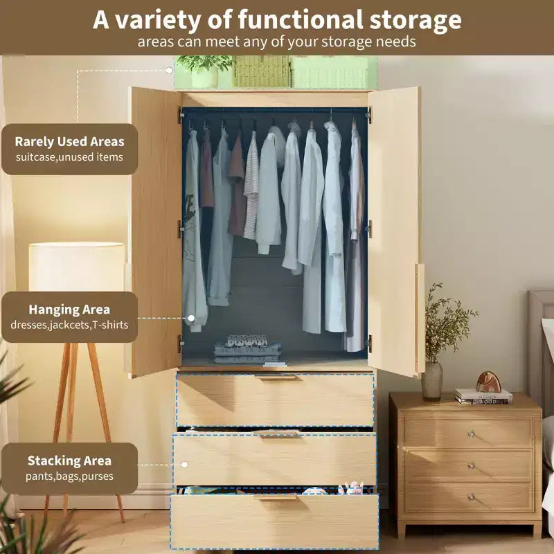 Armoire penderie en bois de 176,5 cm avec 3 tiroirs, tringle à vêtements, 2 portes, armoire de rangement de grande capacité pour chambre à coucher
