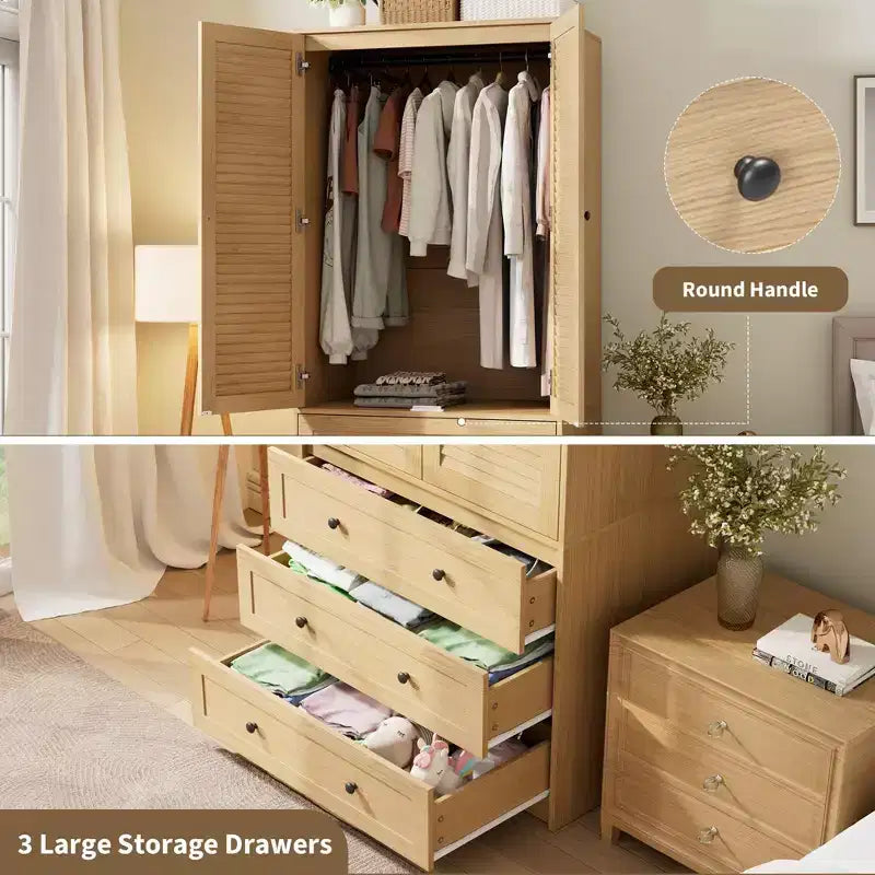 Armoire penderie en bois de 176,5 cm avec 3 tiroirs, tringle à vêtements, 2 portes, armoire de rangement de grande capacité pour chambre à coucher