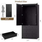 Armoire penderie en bois de 176,5 cm avec 3 tiroirs, tringle à vêtements, 2 portes, armoire de rangement de grande capacité pour chambre à coucher