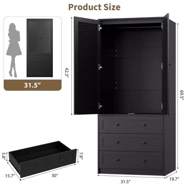 Armoire penderie en bois de 176,5 cm avec 3 tiroirs, tringle à vêtements, 2 portes, armoire de rangement de grande capacité pour chambre à coucher