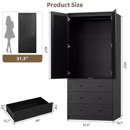 Armoire penderie en bois de 176,5 cm avec 3 tiroirs, tringle à vêtements, 2 portes, armoire de rangement de grande capacité pour chambre à coucher
