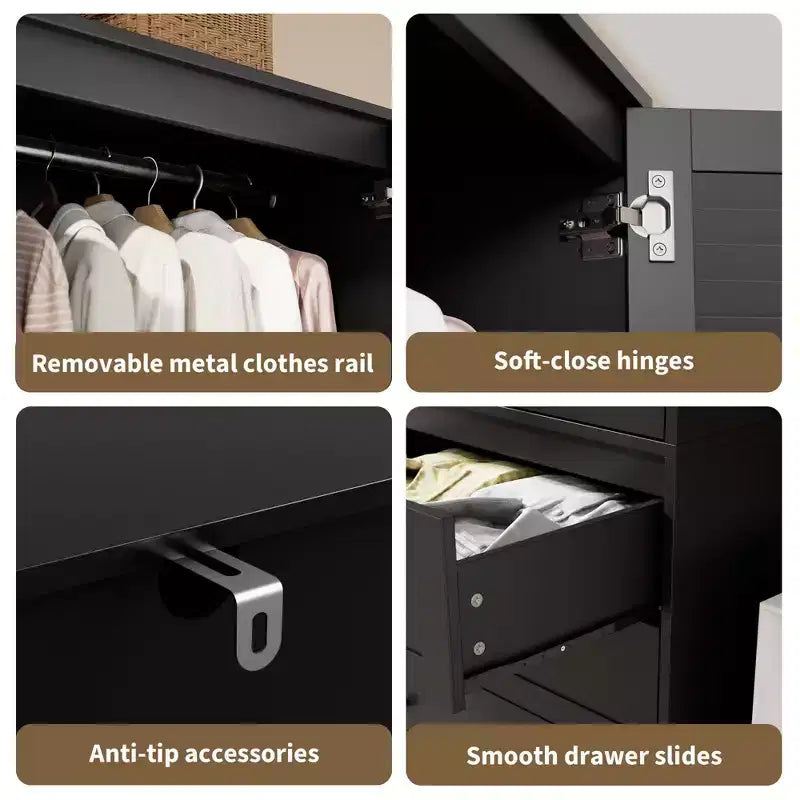Armoire penderie en bois de 176,5 cm avec 3 tiroirs, tringle à vêtements, 2 portes, armoire de rangement de grande capacité pour chambre à coucher
