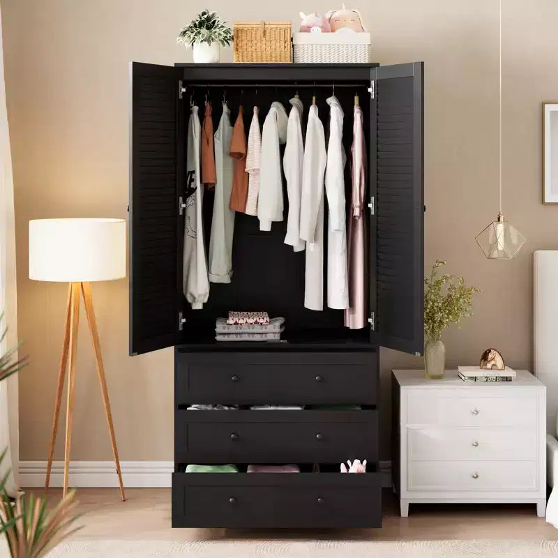 Armoire penderie en bois de 176,5 cm avec 3 tiroirs, tringle à vêtements, 2 portes, armoire de rangement de grande capacité pour chambre à coucher