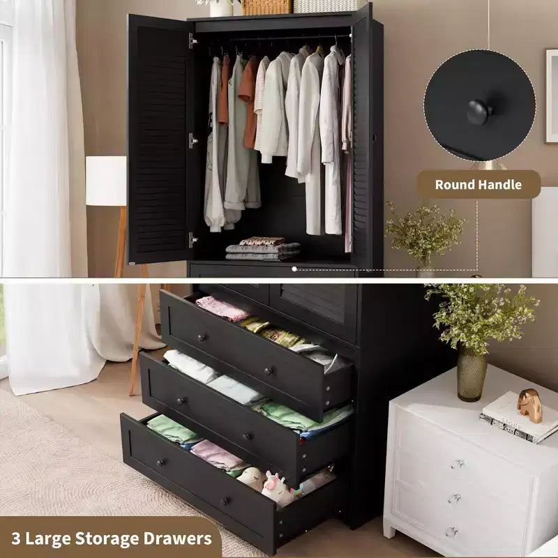 Armoire penderie en bois de 176,5 cm avec 3 tiroirs, tringle à vêtements, 2 portes, armoire de rangement de grande capacité pour chambre à coucher