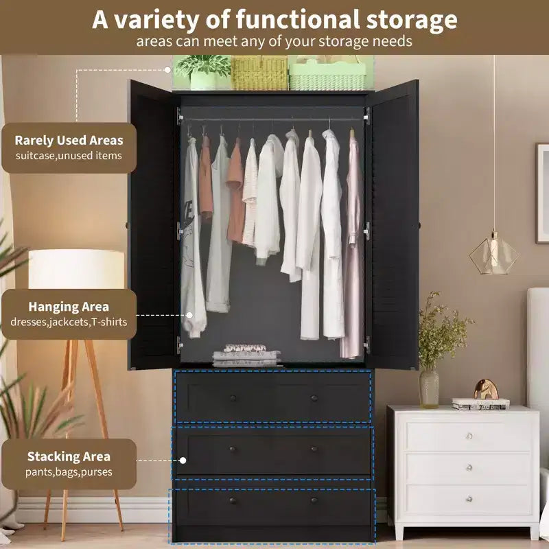 Armoire penderie en bois de 176,5 cm avec 3 tiroirs, tringle à vêtements, 2 portes, armoire de rangement de grande capacité pour chambre à coucher